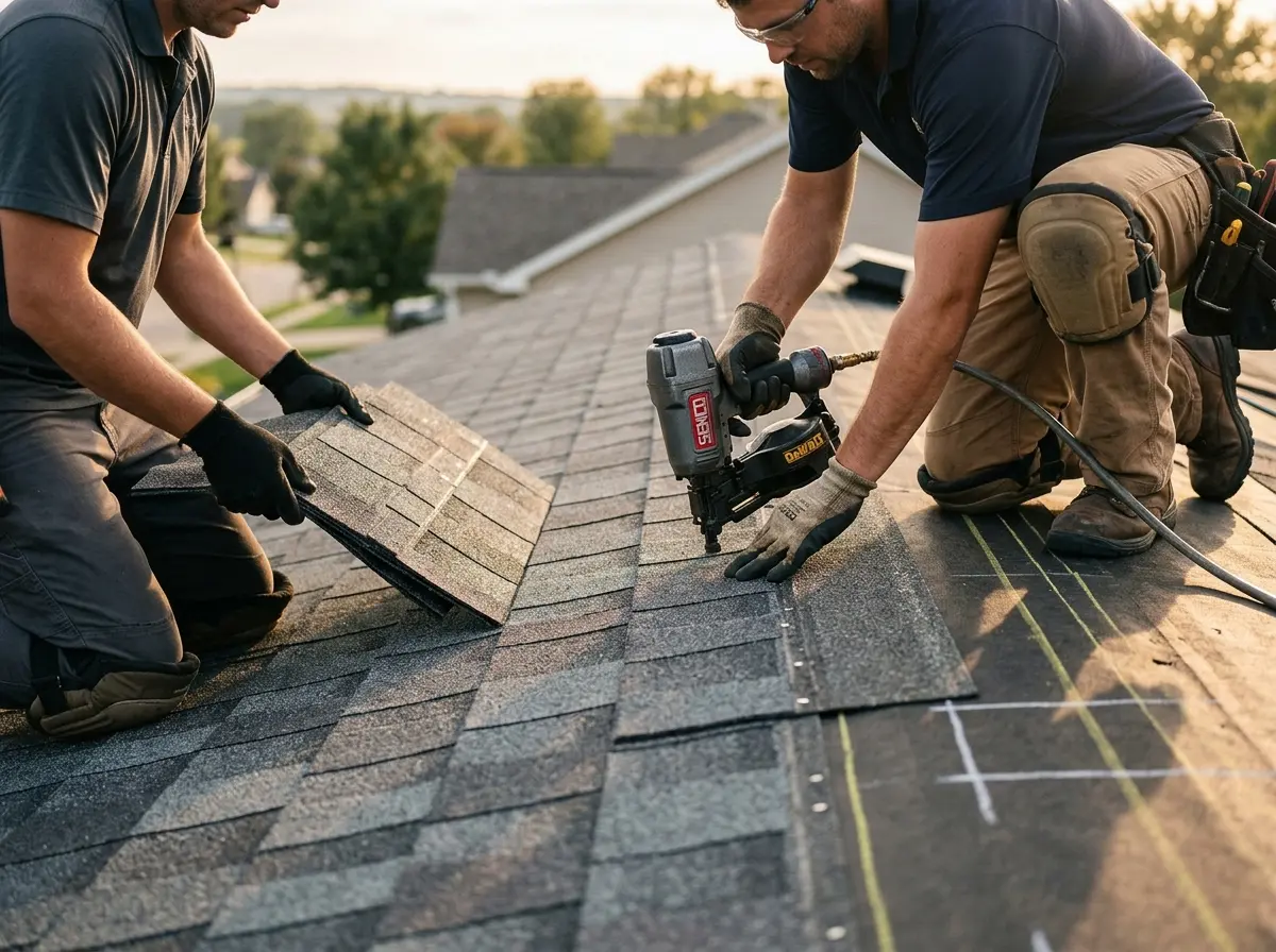 Professional roofer working on a residential roof in Azle